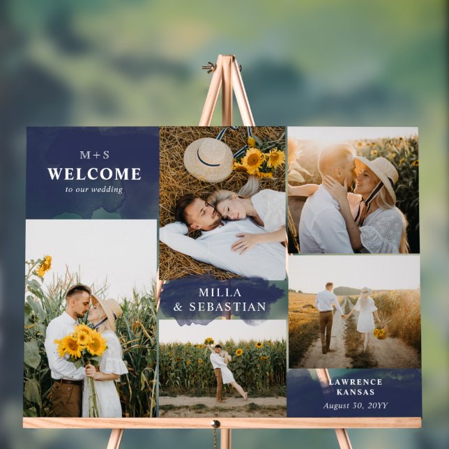 Navy Blue Clean Modern & 5 Photos Welcome Acrylic Sign (Neutral)