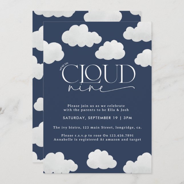 Navy blue cloud nine shower modern stylish invitation (Front/Back)