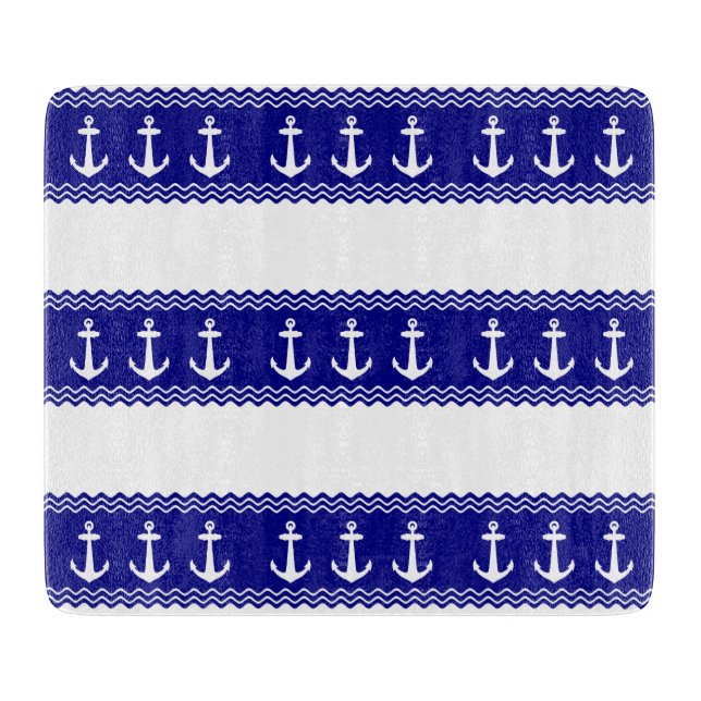 Navy Blue Coastal Pattern Anchors Cutting Board (Front)