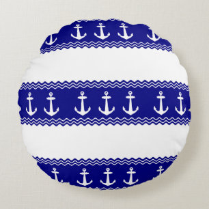 Navy Blue Coastal Pattern Anchors Round Cushion