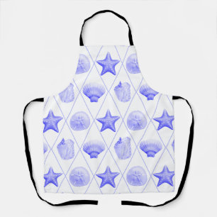 Navy Blue Coastal Seashells Starfish Apron