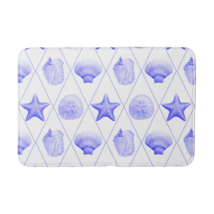 Navy Blue Coastal Seashells Starfish Bath Mat