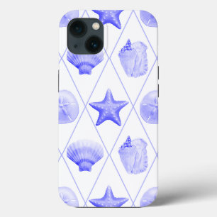 Navy Blue Coastal Seashells Starfish iPhone 13 Case