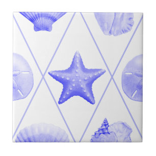 Navy Blue Coastal Seashells Starfish Ceramic Tile