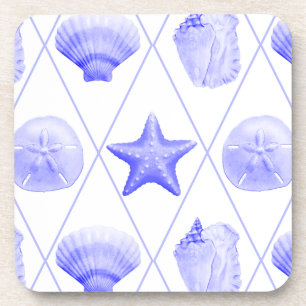 Navy Blue Coastal Seashells Starfish Coaster