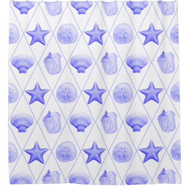 Navy Blue Coastal Seashells Starfish Shower Curtain (Front)