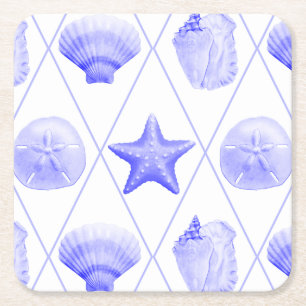 Navy Blue Coastal Seashells Starfish Square Paper Coaster
