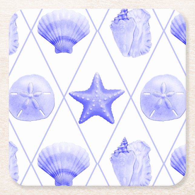 Navy Blue Coastal Seashells Starfish Square Paper Coaster (Front)