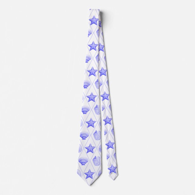Navy Blue Coastal Seashells Starfish Tie (Front)