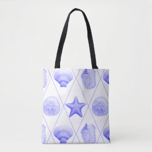 Navy Blue Coastal Seashells Starfish Tote Bag