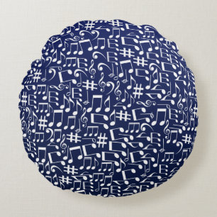 Navy Blue Cobalt Blue White Dancing Music Notes Round Cushion