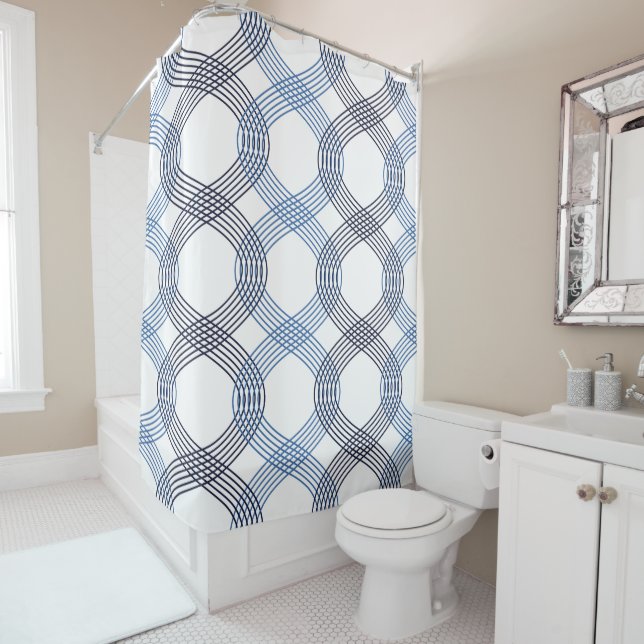 Navy Blue, Cobalt Interlocking Lines Shower Curtain (In Situ)