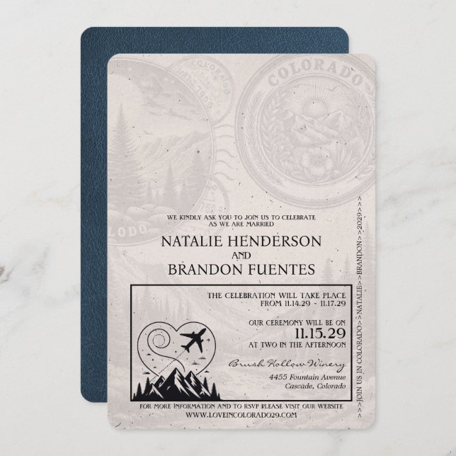 Navy Blue Colorado Passport Wedding Invitation (Front/Back)