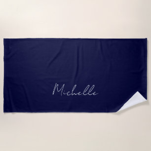 Navy Blue Colour Plain Modern Own Name Calligraphy Beach Towel