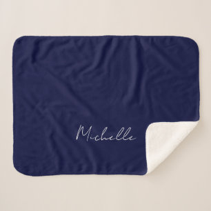 Navy Blue Colour Plain Modern Own Name Calligraphy Sherpa Blanket