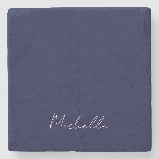 Navy Blue Colour Plain Modern Own Name Calligraphy Stone Coaster (Front)