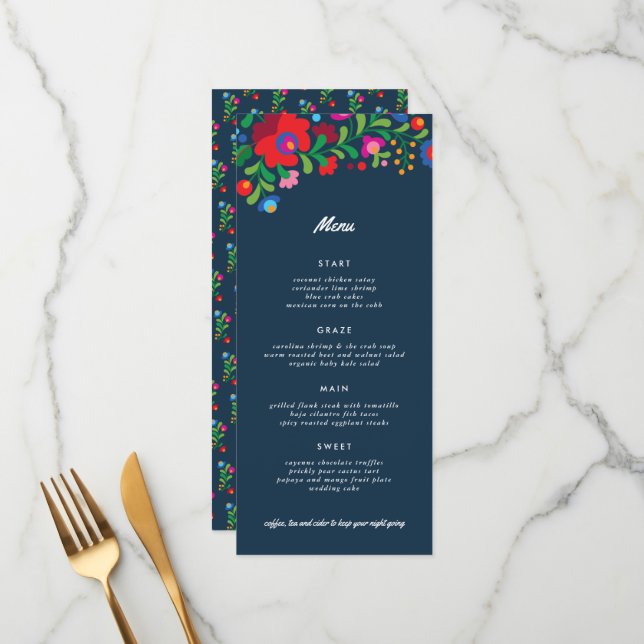 Navy Blue Colourful Mexican Embroidery Dinner Menu (Front/Back In Situ)
