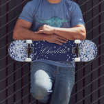 Navy blue comfetti name elegant girl skateboard<br><div class="desc">A navy blue background. Personalise and add your name.  Decorated with light blue comfetti. The name is written with a modern hand lettered style script.</div>