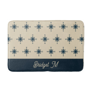 navy blue compass & Monogram Beige Coastal home Bath Mat