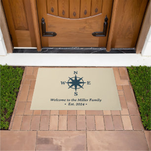 navy blue compass on beige & welcome Family Name Doormat