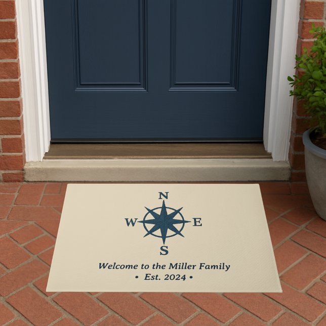 navy blue compass on beige & welcome Family Name Doormat (Creator Uploaded)