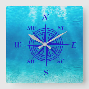 Navy Blue Compass Rose Square Wall Clock