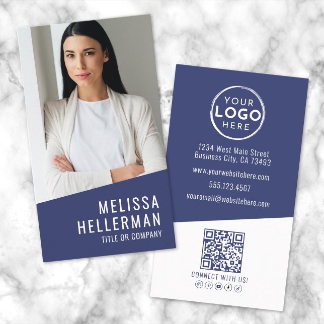 Navy Blue Contemporary Photo QR Code Logo Vertical Business Card (Navy Blue Contemporary Photo QR Code Logo Vertical Business Card)