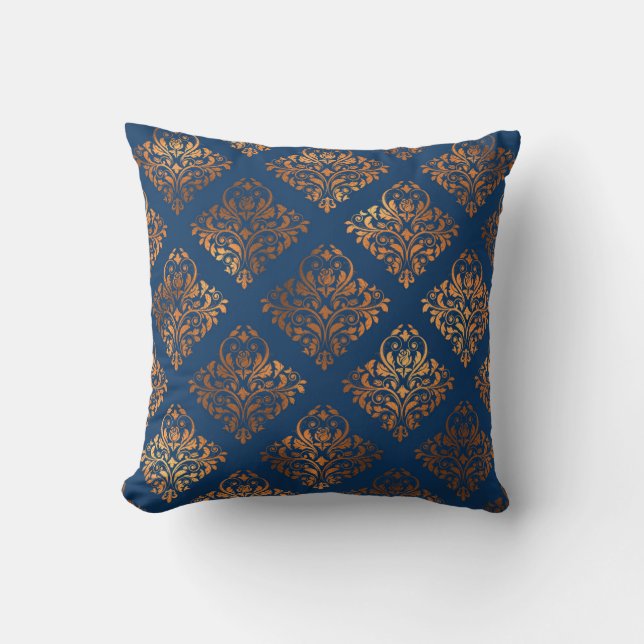 Navy Blue Copper Antique Gold Damask Pattern Cushion (Front)