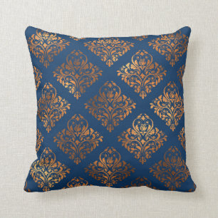Navy Blue Copper Antique Gold Damask Pattern Cushion