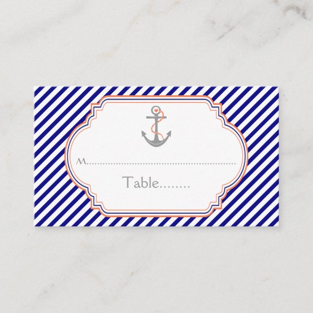 Navy blue coral anchor nautical wedding place card (Front)