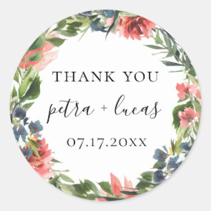 Navy Blue Coral Botanical Wedding Favour Classic Round Sticker