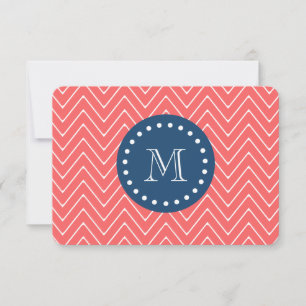 Navy Blue, Coral Chevron Pattern Your Monogram Card