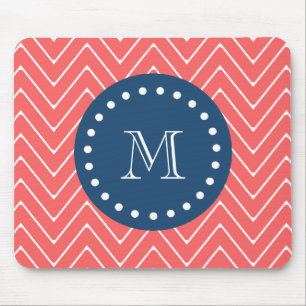 Navy Blue, Coral Chevron Pattern Your Monogram Mouse Pad