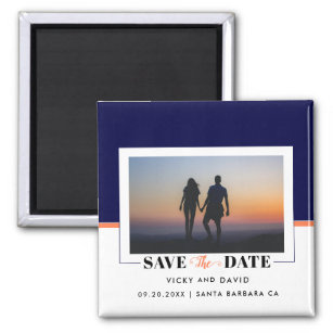 Navy blue, coral colour block wedding Save the Dat Magnet