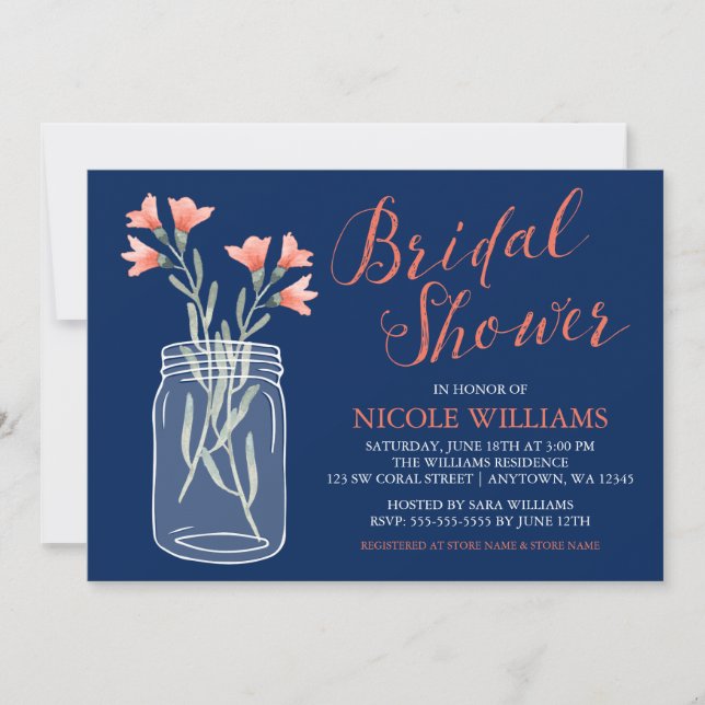 Navy Blue Coral Flowers Mason Jar Bridal Shower Invitation (Front)