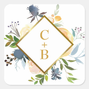 Navy Blue Coral Gold Watercolor Floral Wedding Square Sticker