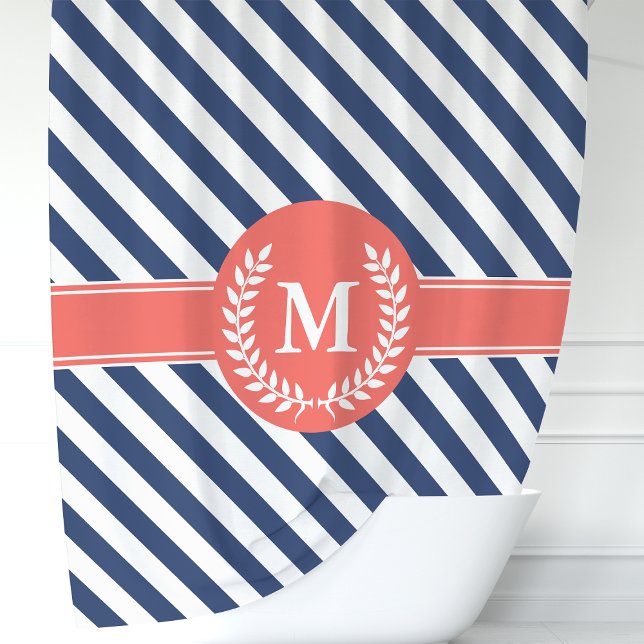 Navy Blue & Coral Nautical Stripes Monogram Shower Curtain (Creator Uploaded)