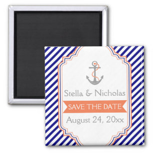 Navy blue, coral nautical wedding Save the Date Magnet