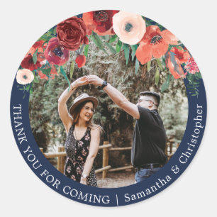 Navy Blue Coral Photo Floral Thank You Wedding Classic Round Sticker
