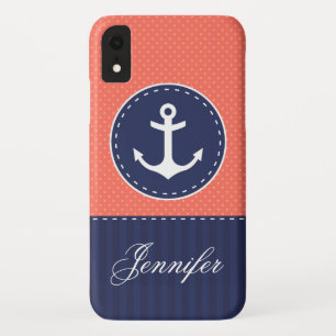 Navy Blue Coral Pink Pattern Anchor Customisable iPhone XR Case