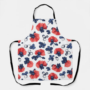 Navy Blue & Coral Poppy Floral Vintage Apron