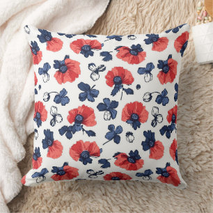 Navy Blue & Coral Poppy Floral Vintage Cushion