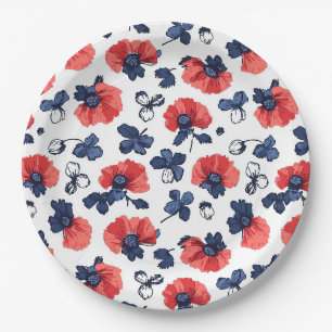 Navy Blue & Coral Poppy Floral Vintage Paper Plate