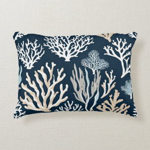 Navy Blue Coral Reef Sealife Ocean Coastal Decorative Cushion
