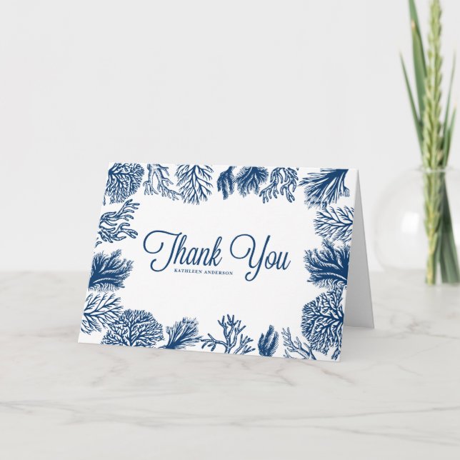 Navy Blue Coral Reefs Frame Nautical Wedding  Thank You Card (Front)