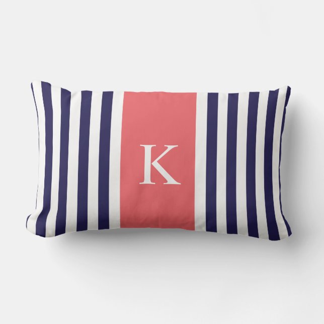 Navy Blue Coral Stripes Monogram Lumbar Cushion (Front)