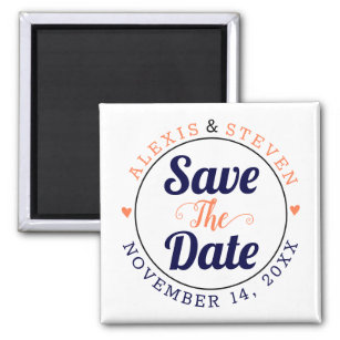 Navy blue, coral typography, hearts Save the Date Magnet