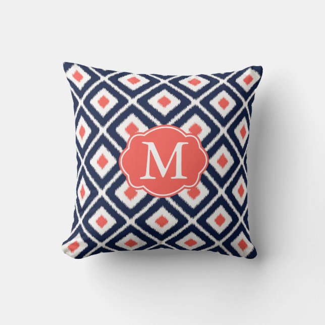 Navy Blue, Coral, White Ikat Diamond Pattern Cushion (Front)