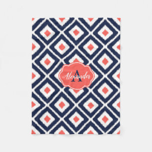 Navy Blue, Coral, White Ikat Diamond Pattern Fleece Blanket