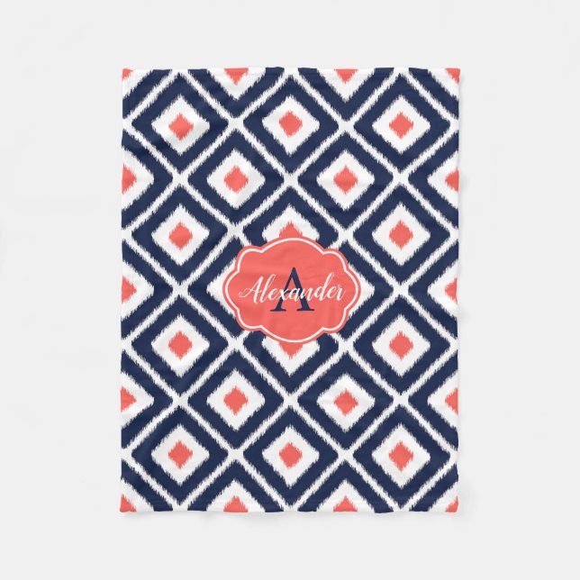Navy Blue, Coral, White Ikat Diamond Pattern Fleece Blanket (Front)